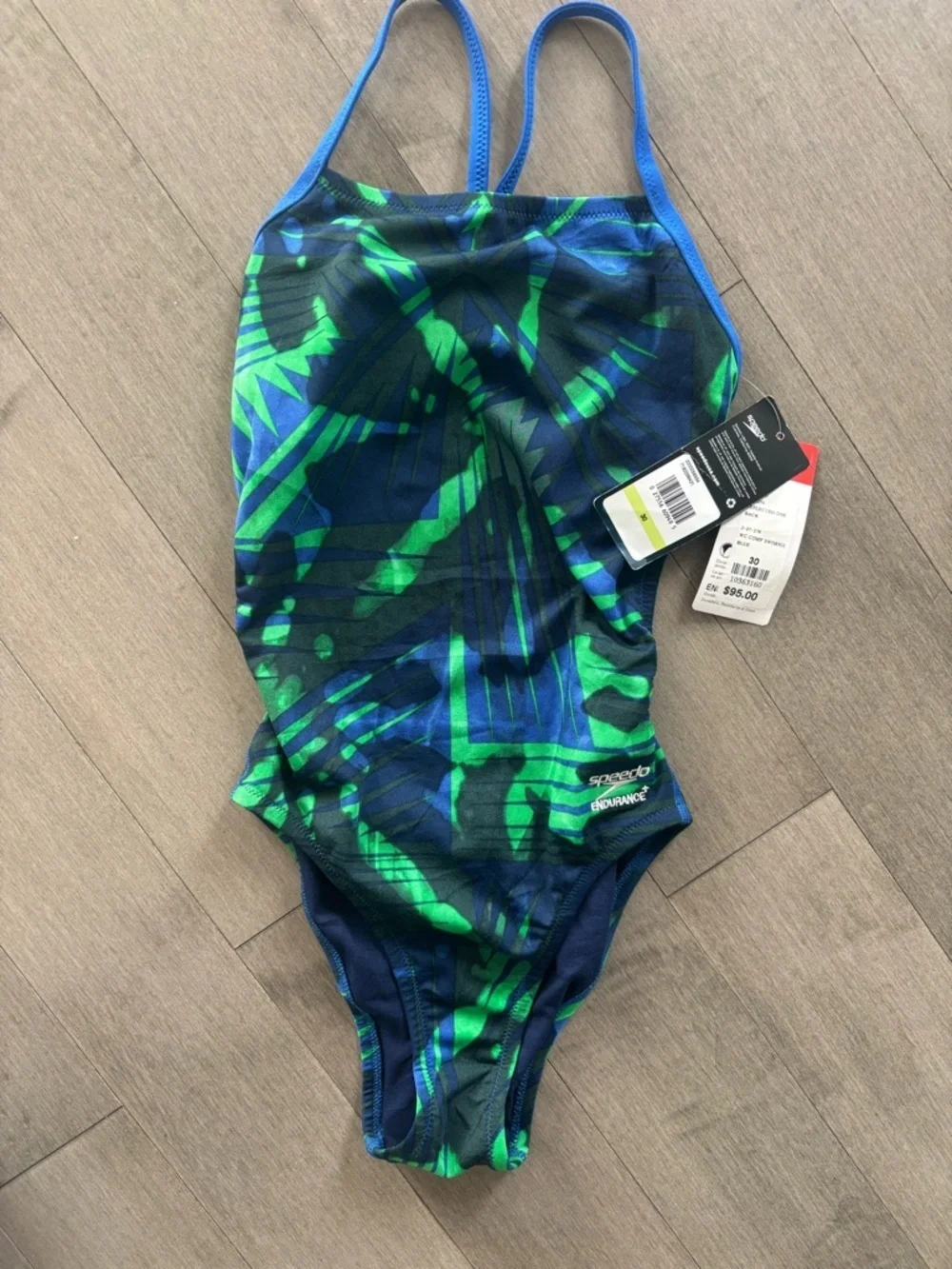 Speedo Women’s Blue and Green Tropical-Print One-Piece Swimsuit - Picture 2 of 4